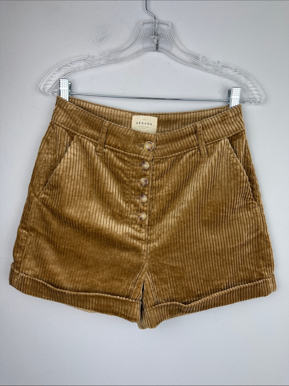Sezane Maddie Shorts Dark Beige High Waist Pockets Cuffed Corduroy Size 4 Fall - Picture 7 of 16